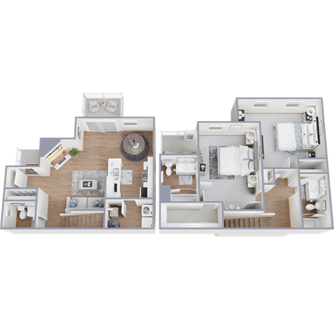 Floor plan for 2 beds, 2.5 baths, 1096 sqft